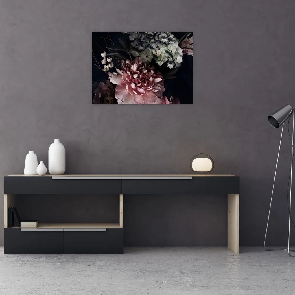 Tablou pe sticlă cu buchet (70x50 cm)