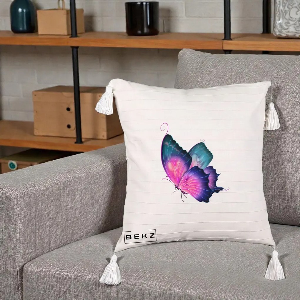 Perna Decorativa Fluture Neon, 40x40 cm, Bej cu Franjuri, Husa Detasabila, Perna Inclusa, BEKZ®