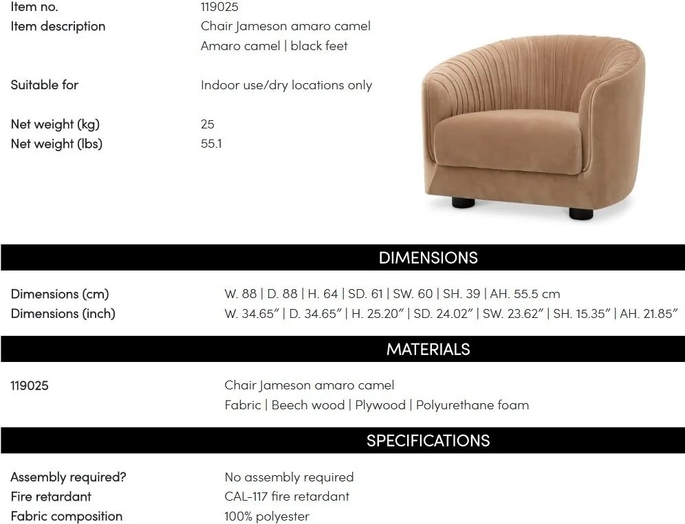 Fotoliu modern LUX Jameson, Amaro camel