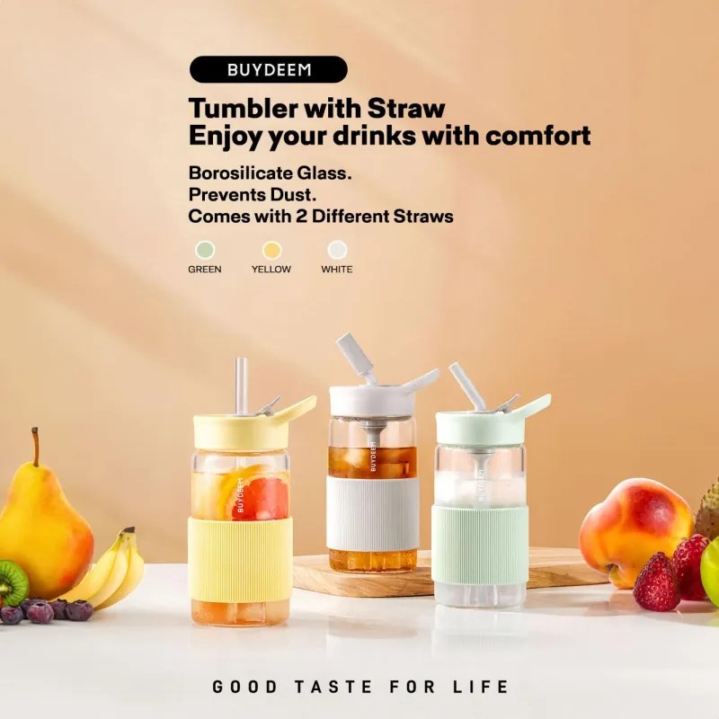 Sticla Buydeem CD1017-OW, 500 ml, Pai incorporat, Rezistenta la scurgeri, Sticla rezistenta la caldura pana la 150°C, Fara BPA, Alb