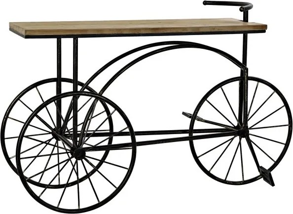 Consolă hol vintage din metal și lemn, negru și natur, cu bază în formă de tricicletă, ghidon și roți cu spițe, 82 x 128 x 40 cm, „Bycicle”