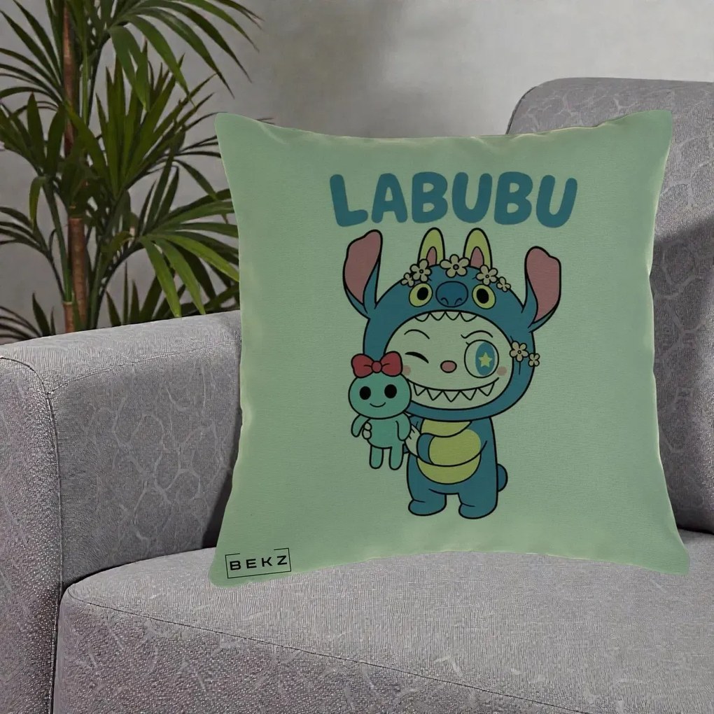 Perna Personalizata Labubu x Stitch cu Flori, 40x40 cm, Verde, Husa Detasabila, Perna Inclusa, BEKZ®