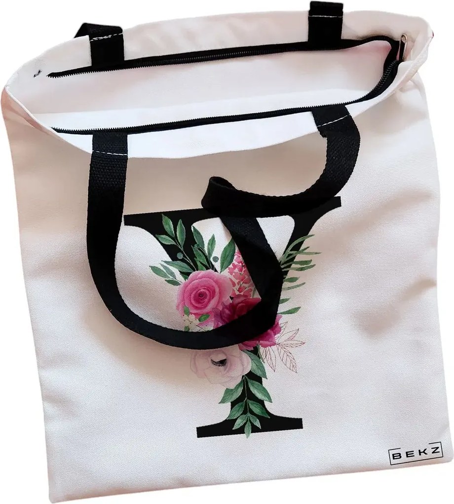 Sacosa de Panza pentru Cumparaturi, Geanta Tote, Cu litera Y si Trandafiri, Cu fermoar, 38x34.5 cm, Alba, BEKZ®