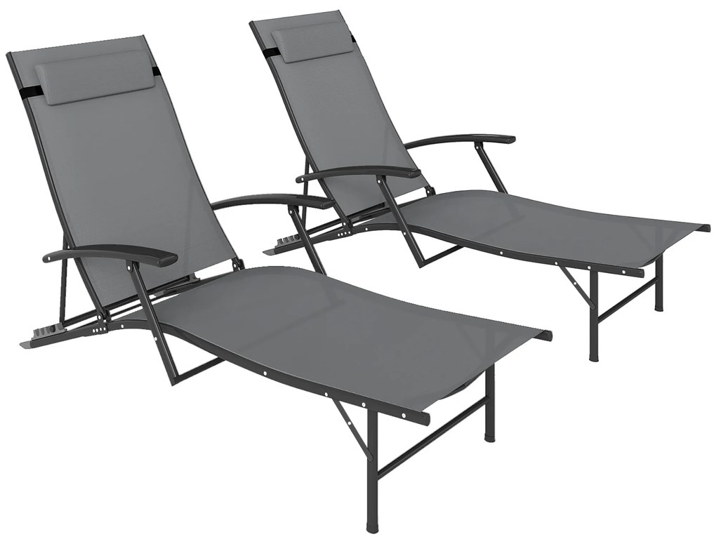 Outsunny Set de 2 Șezlonguri Pliante, Ajustabile în 4 Poziții cu Cotiere și Perne, 64x154x87 cm, Gri | Aosom Romania