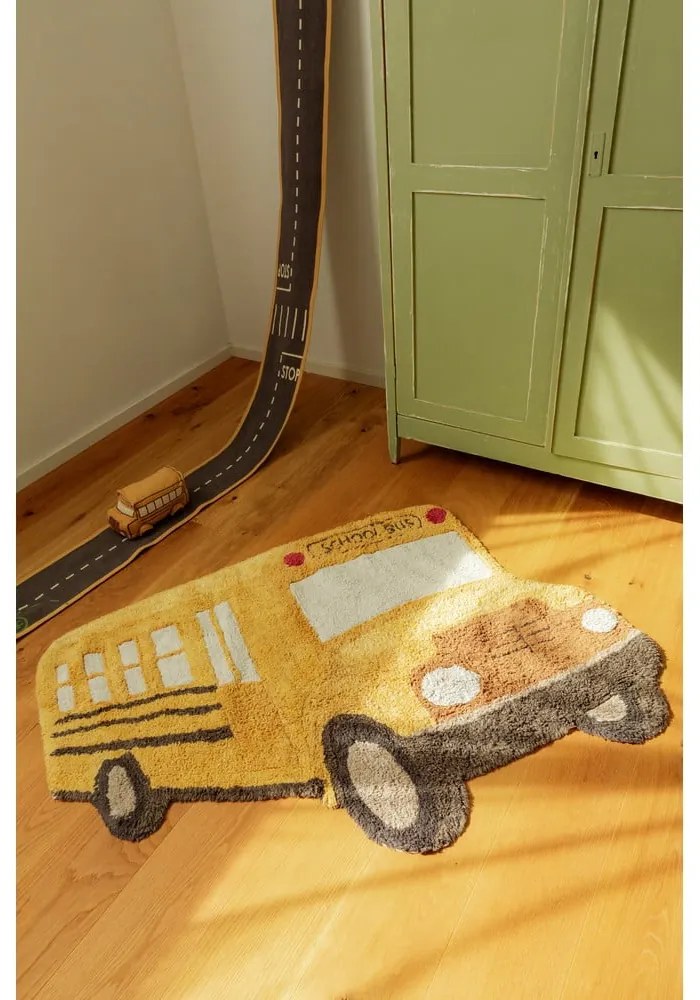 Covor pentru copii galben ocru lavabil, țesut manual din bumbac 90x130 cm School Bus – Lorena Canals