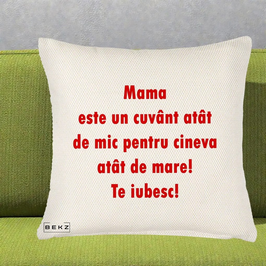 Cadou pentru Mama - Perna Personalizata Mama Cuvant Mic, 40x40 cm, Crem Reliefat, Husa Detasabila, Perna Inclusa, BEKZ®