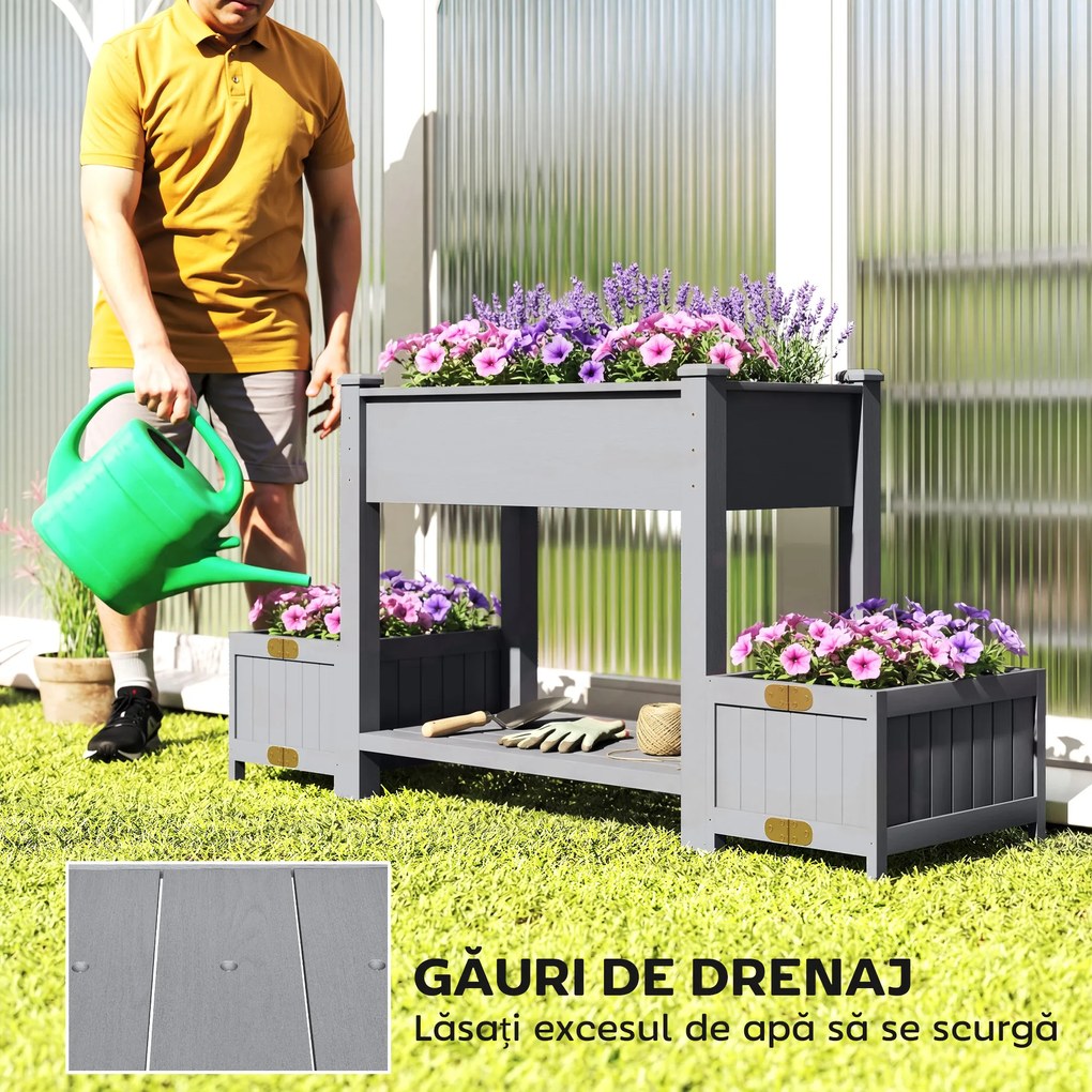 Outsunny Strat Înălțat pentru Grădină, Jardinieră cu Raft, 149x46x76cm, Gri | Aosom Romania