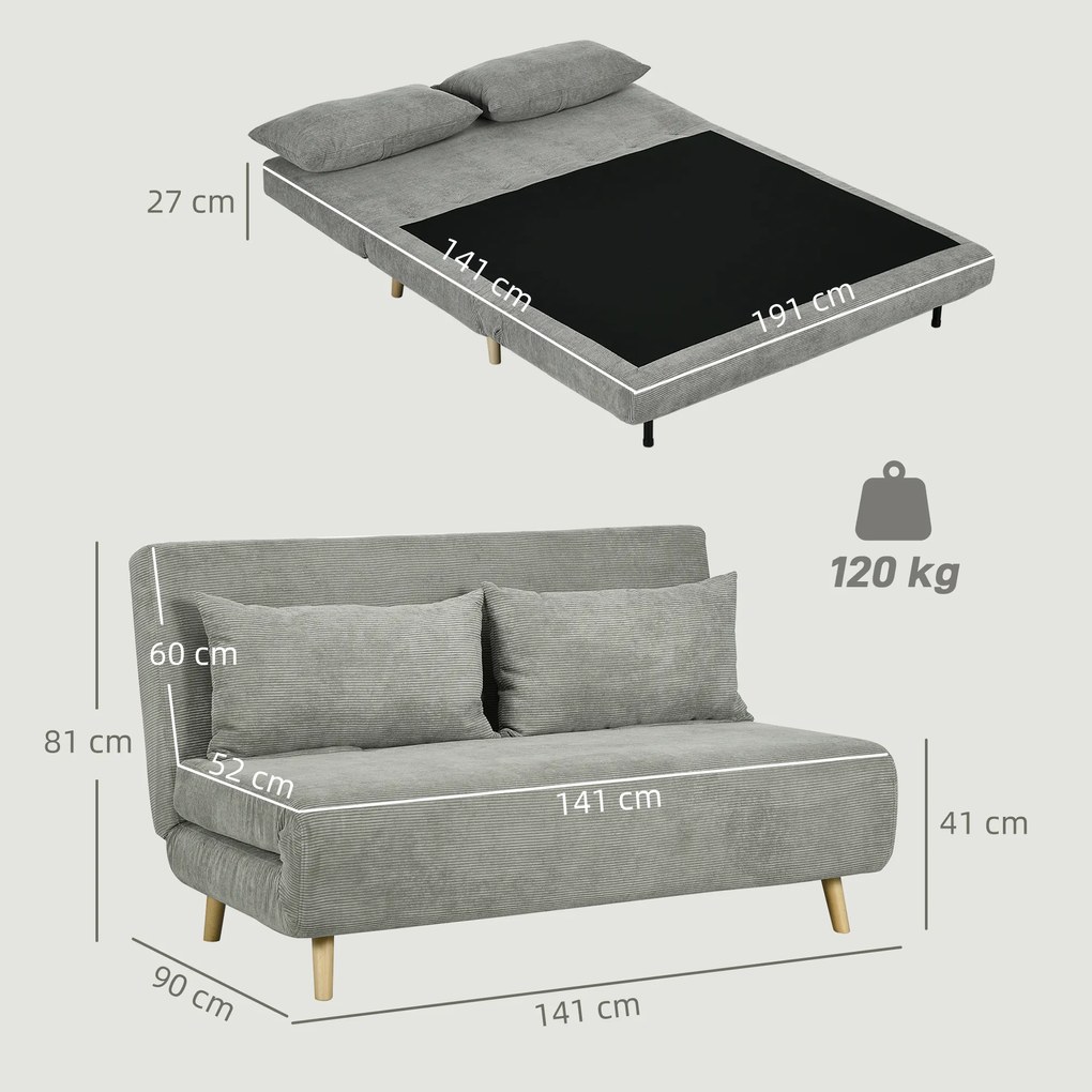 HOMCOM Canapea Extensibila cu 2 Locuri, Gri | Aosom Romania