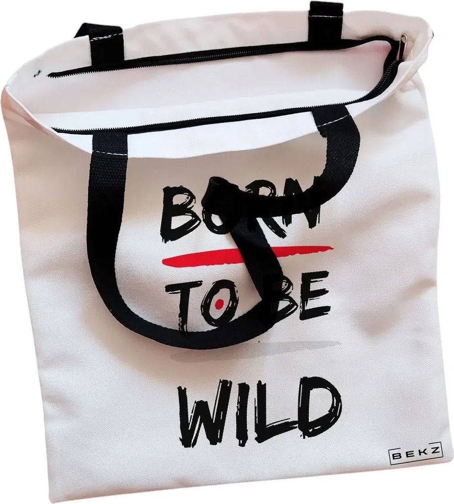 Sacosa de Panza pentru Cumparaturi, Geanta Tote, model Born to be wild, Cu fermoar, 38x34.5 cm, Alba, BEKZ®