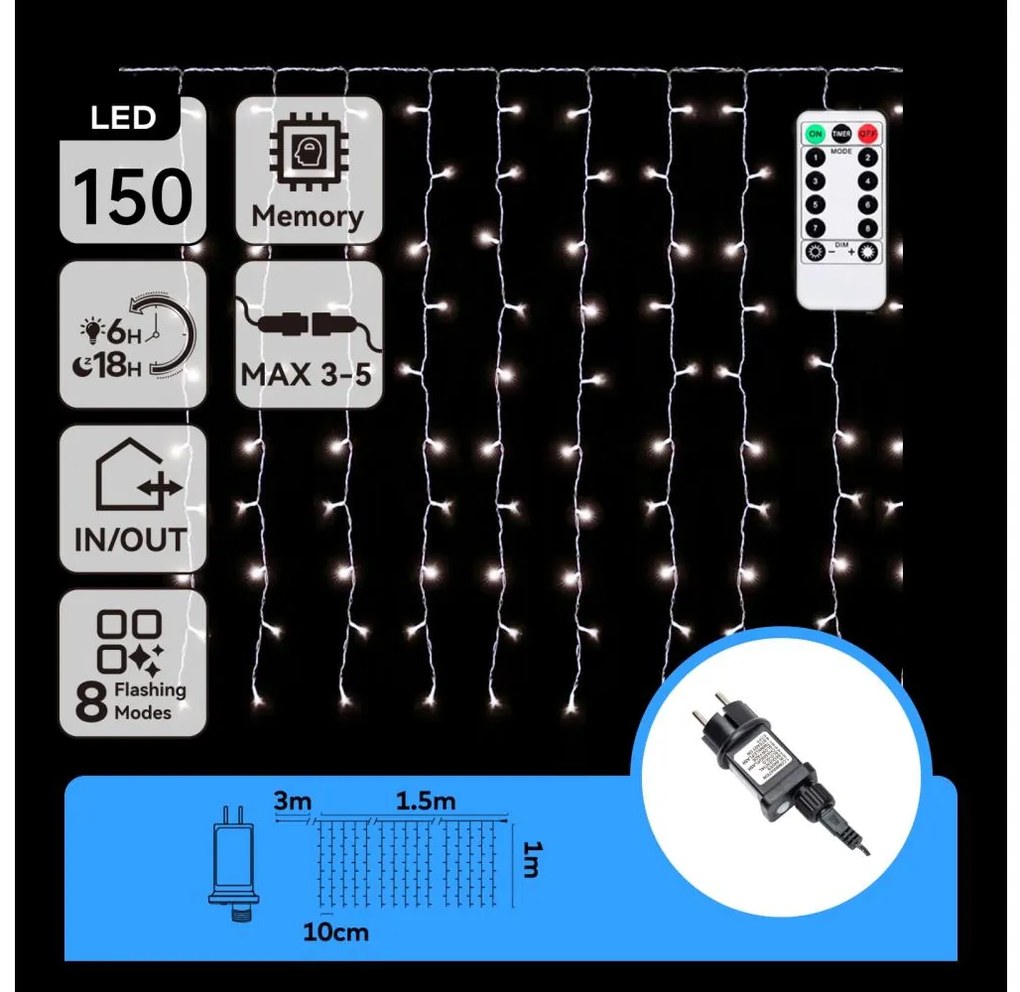 Aigostar - Ghirlandă LED de exterior pentru Crăciun 150xLED/6W/230V/8 funcții 1,5x1m IP44 alb rece+telecomandă