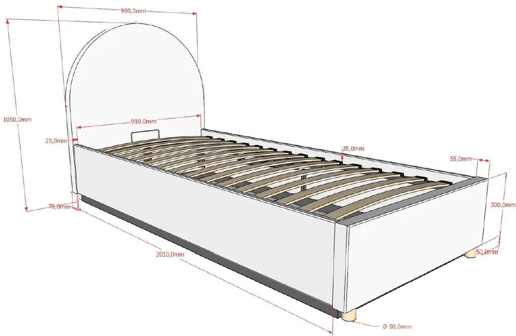 Pat tapițat pentru copii MOON, 90 x 200 cm, roz, cu țesătură bouclé și spațiu de depozitare – Vipack