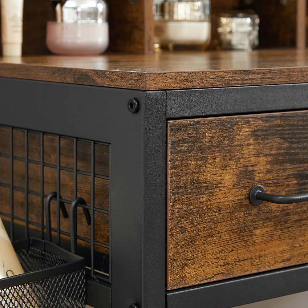 Măsuță de toaletă cu taburet din piele ecologică PIERRE, 90x40x141cm, maro/neagră Vasagle