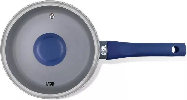 La mâna a doua: Cratita cu capac din sticla Tasty Everyday 678556, 18 cm, 1,8 l, Maner moale, Aluminiu, Acoperire antiaderenta, Albastru