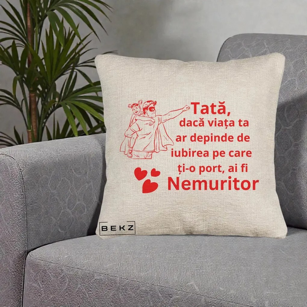 Cadou pentru Tata - Perna Personalizata Tata Nemuritor cu Fetita, 40x40 cm, Bej Canapea, Husa Detasabila, Perna Inclusa, BEKZ®