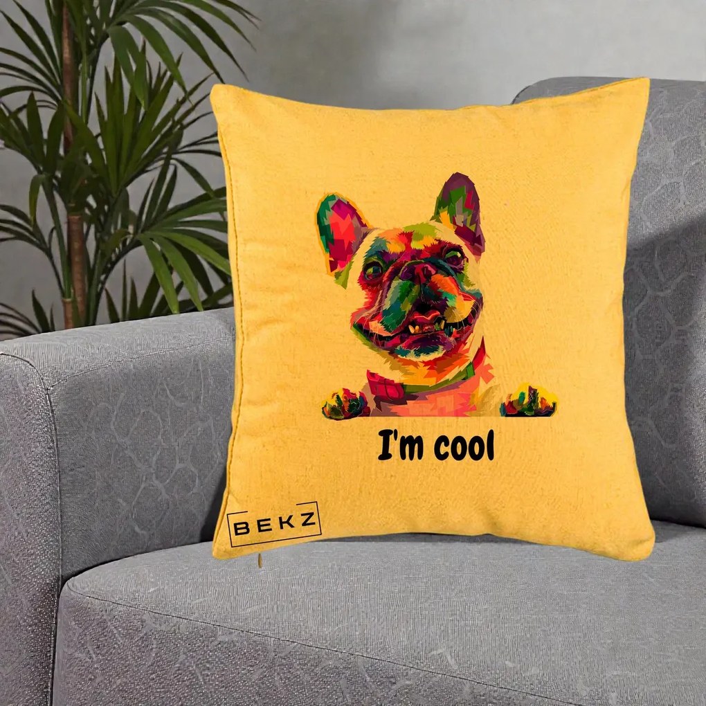 Perna Personalizata Bulldog Francez I'm Cool, 40x40 cm, Galben, Husa Detasabila, Perna Inclusa, BEKZ®