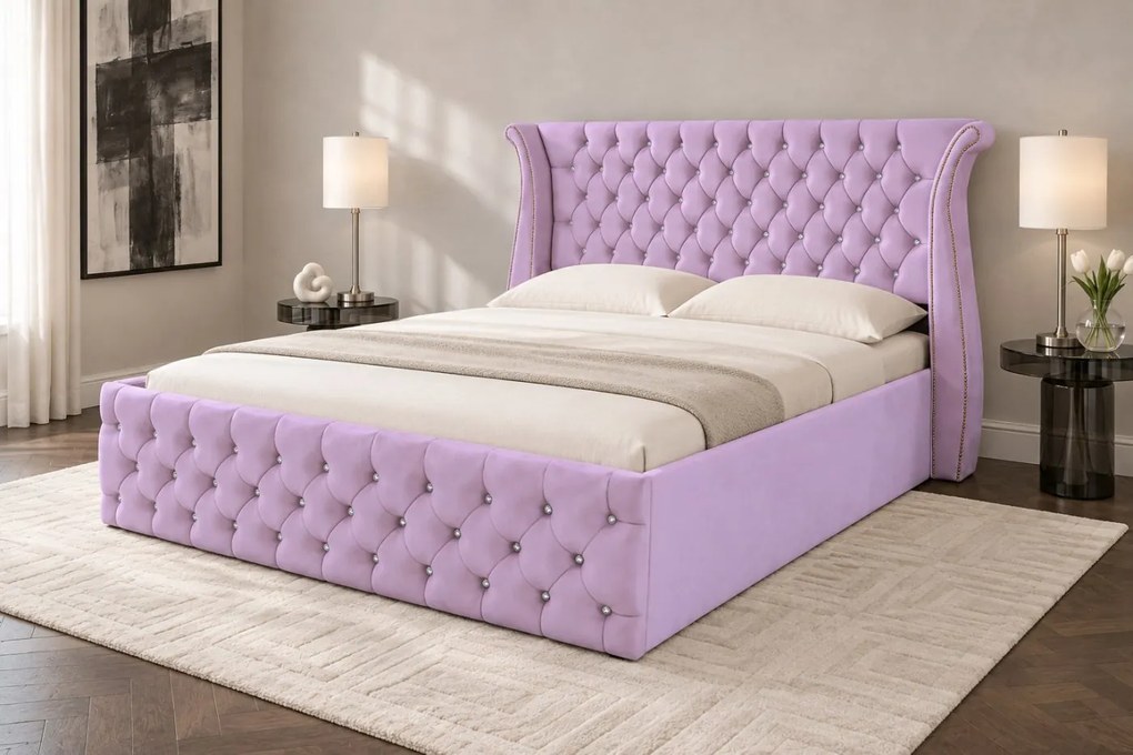 Pat tapițat din catifea Zafira 140×200 cm, lila, cu ladă de depozitare