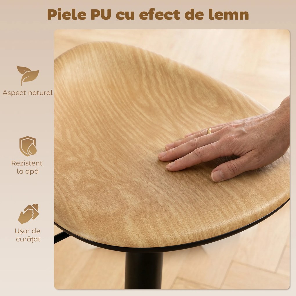HOMCOM Set 2 scaune de bar din PU, reglabile pe înălțime, rotative 360°, cu suport pentru picioare, bază din oțel, efect lemn de stejar | Aosom Romania