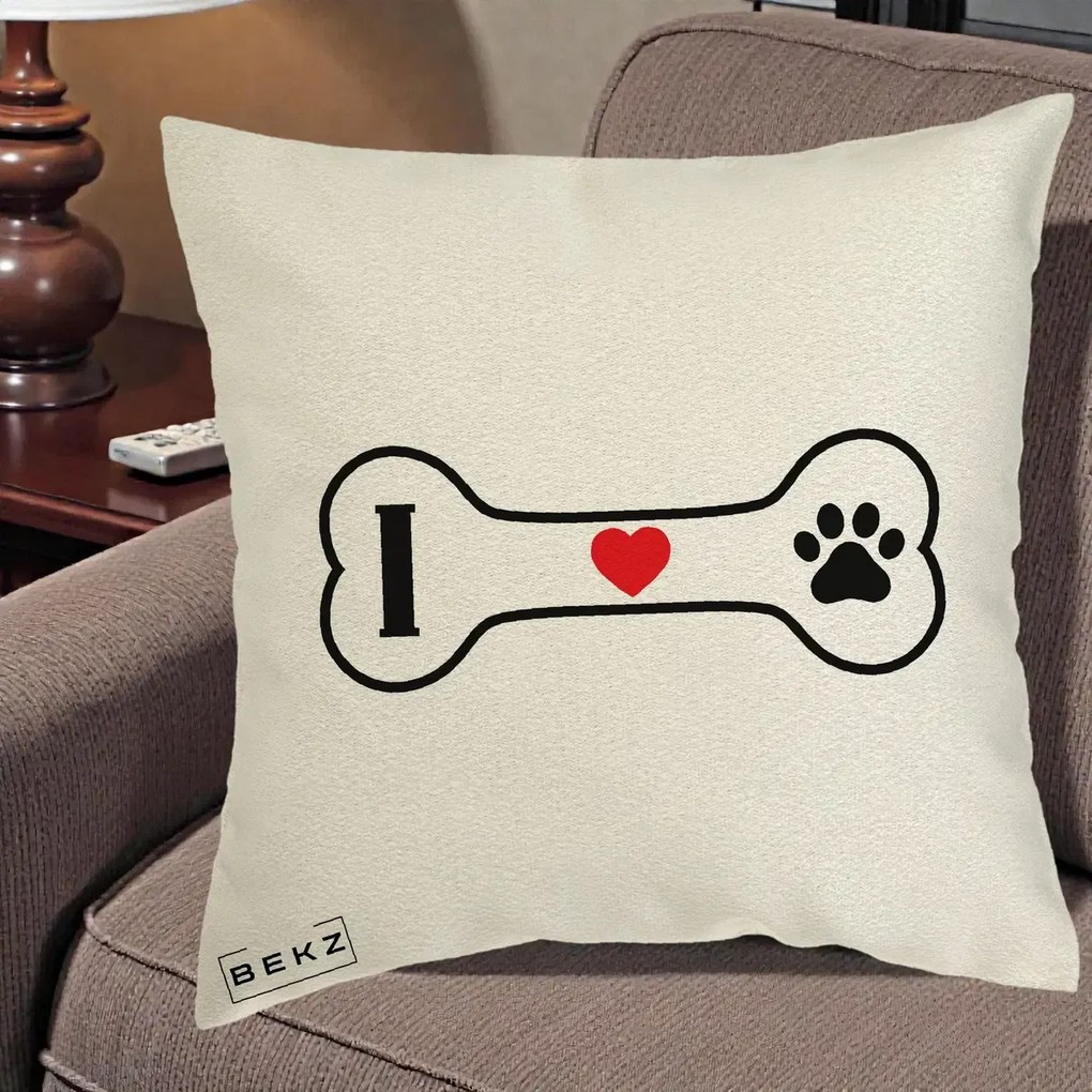Perna Personalizata I Love Dog Os si Labuta, 40x40 cm, Ecru, Husa Detasabila, Perna Inclusa, BEKZ®