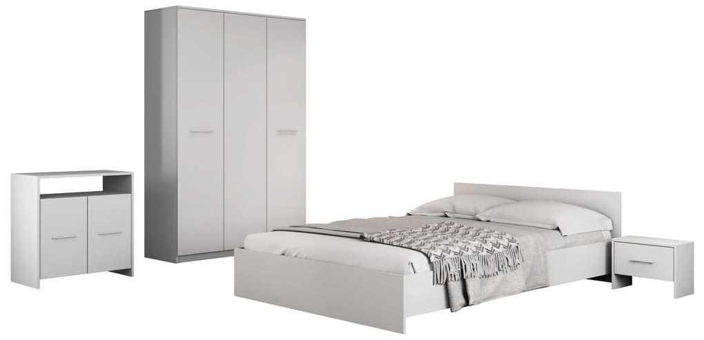 Dormitor Luiza 4U5P, culoare alb, cu pat standard 160 x 200 cm, dulap cu 4 usi, comoda si 2 noptiere