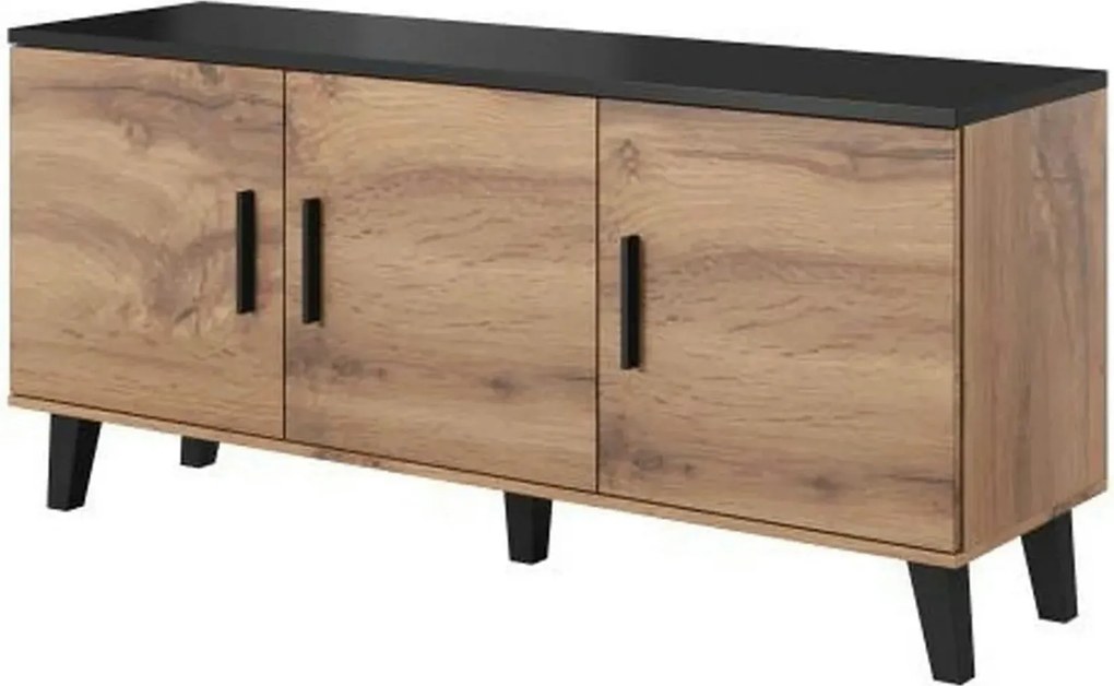Comoda LOTTA, stejar wotan/negru, PAL, cu 3 usi, 150x45x69 cm