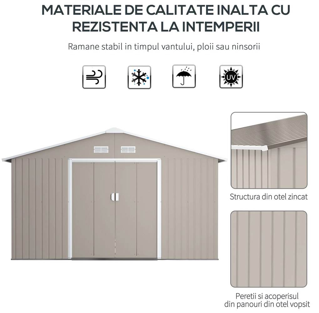 Outsunny Magazie de Gradina cu Usi Duble Glisante si Acoperis Inclinat, Sopron de Gradina din Otel si PP, 3.4x4x2m, Gri | Aosom Romania