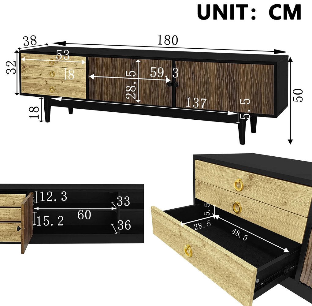 Comodă TV cu 2 uși și 3 sertare, panouri ale ușilor cu model unic în valuri, 180x38x50 cm, Culoare naturală