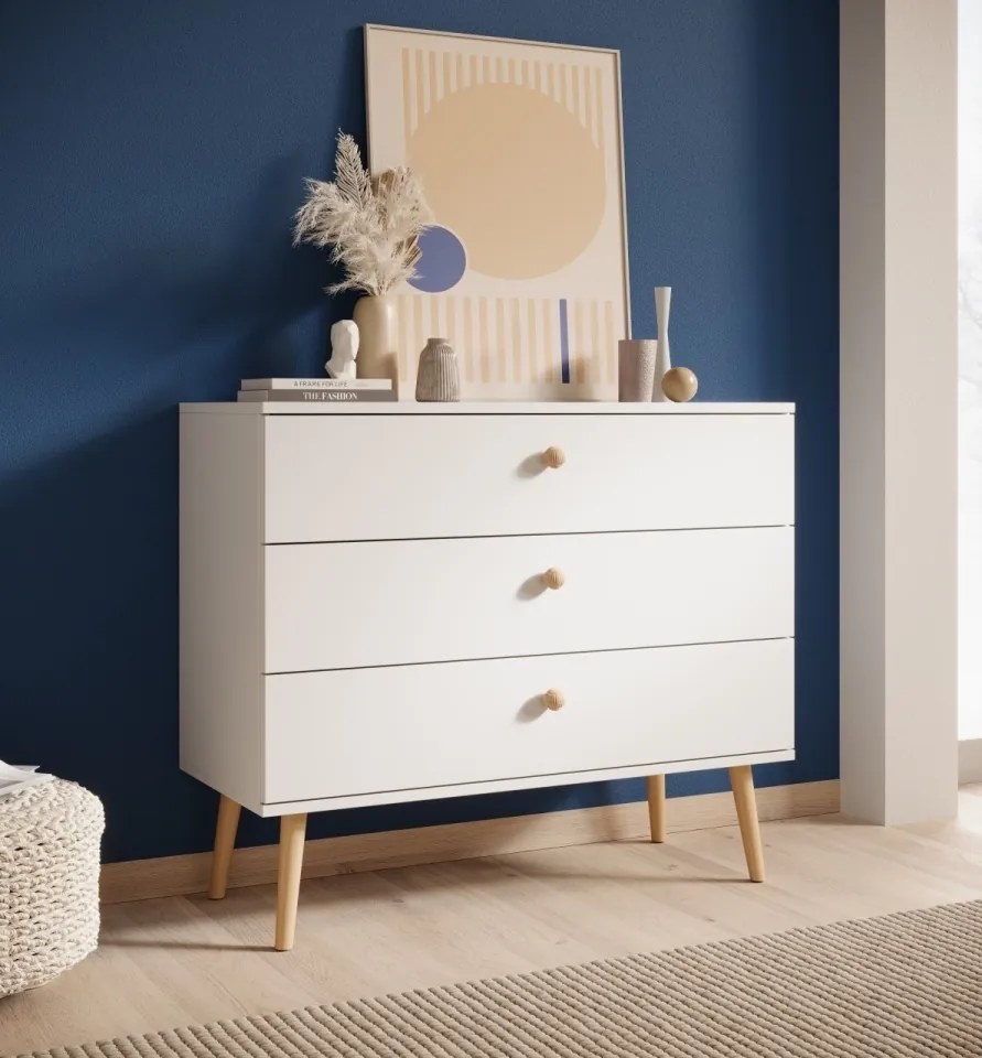 Comodă cu trei sertare, Beni, ADRK Furniture (Culoare: Alb / Alb)