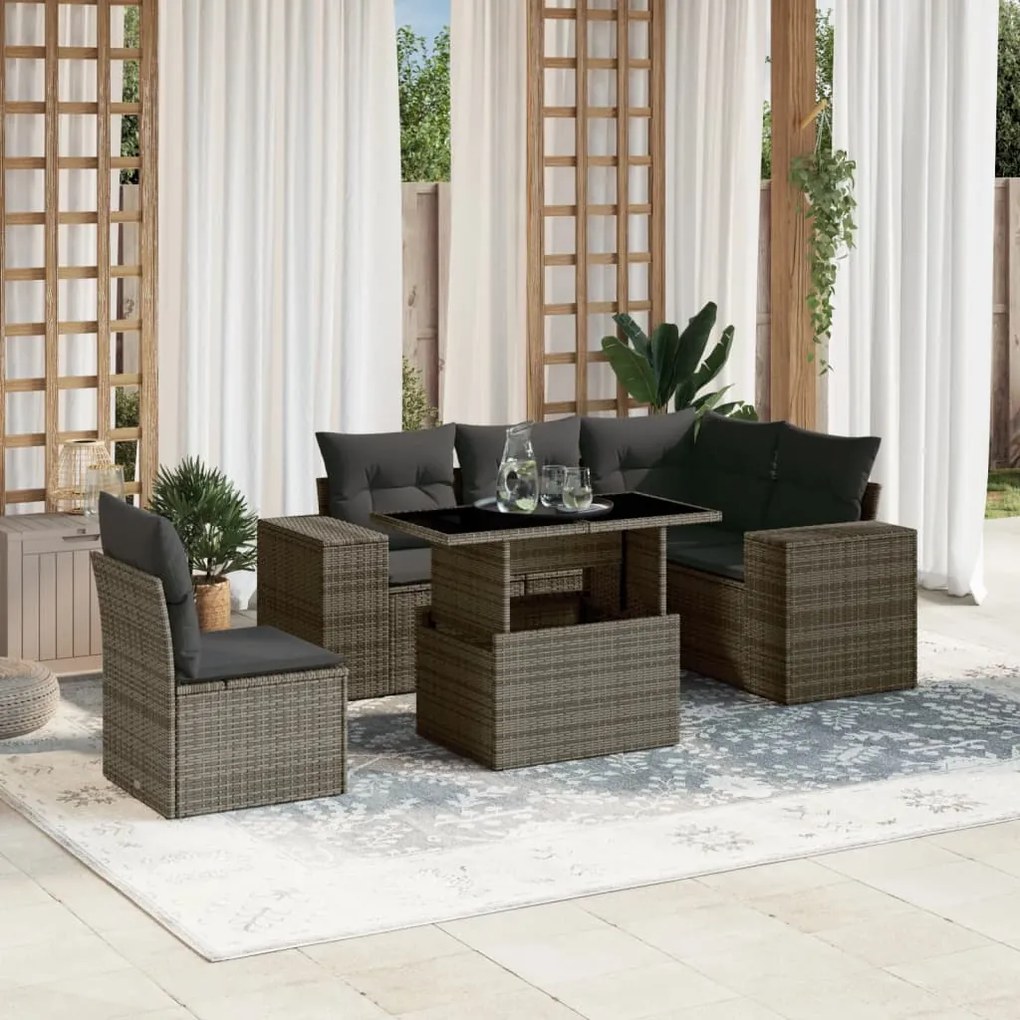 vidaXL Set mobilier grădină cu perne, 6 piese, gri, poliratan