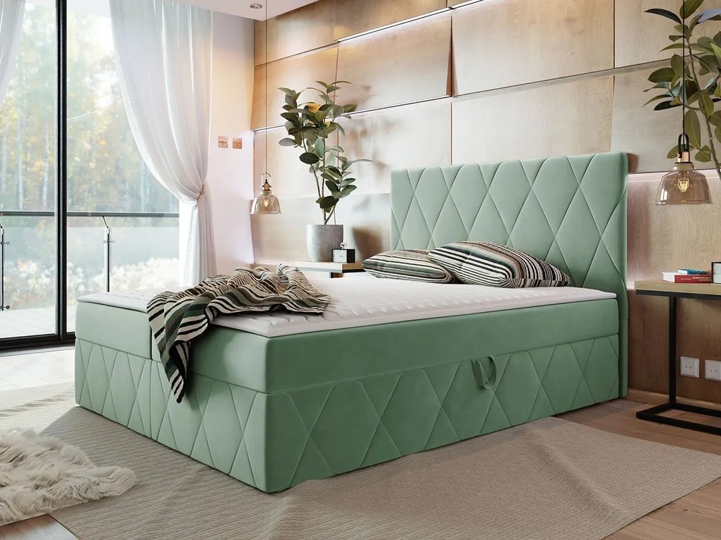 Pat matrimonial 140 cm Tebsano (Verde) (cu somieră și saltea) (cu sp. depozitare). Promo -17%. 1104204