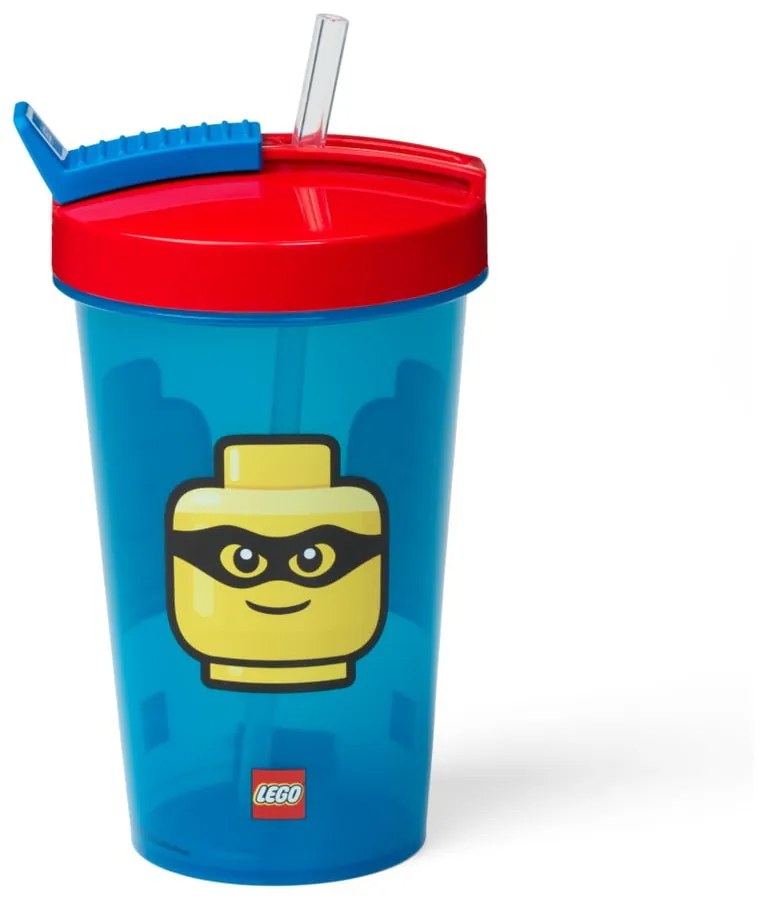 Pahar cu capac roșu și pai LEGO® Iconic, 500 ml, albastru