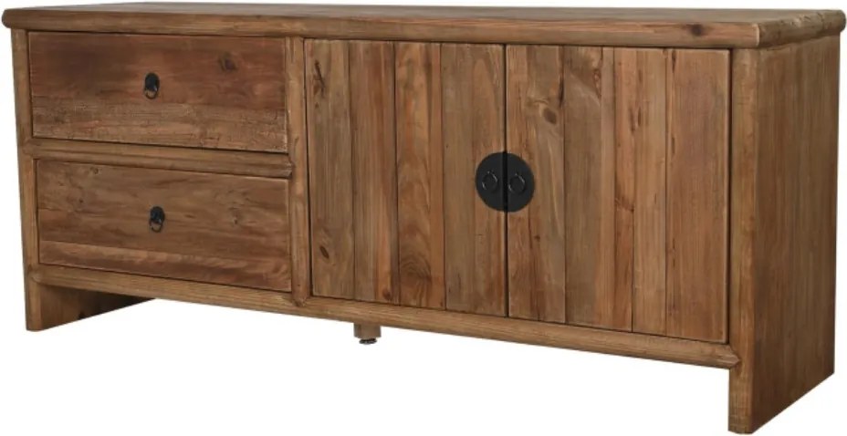 Comodă TV living din lemn reciclat, natur, cu 2 uși, 2 sertare și mâner rotund din metal negru, 65 x 156 x 44 cm, „Haven”