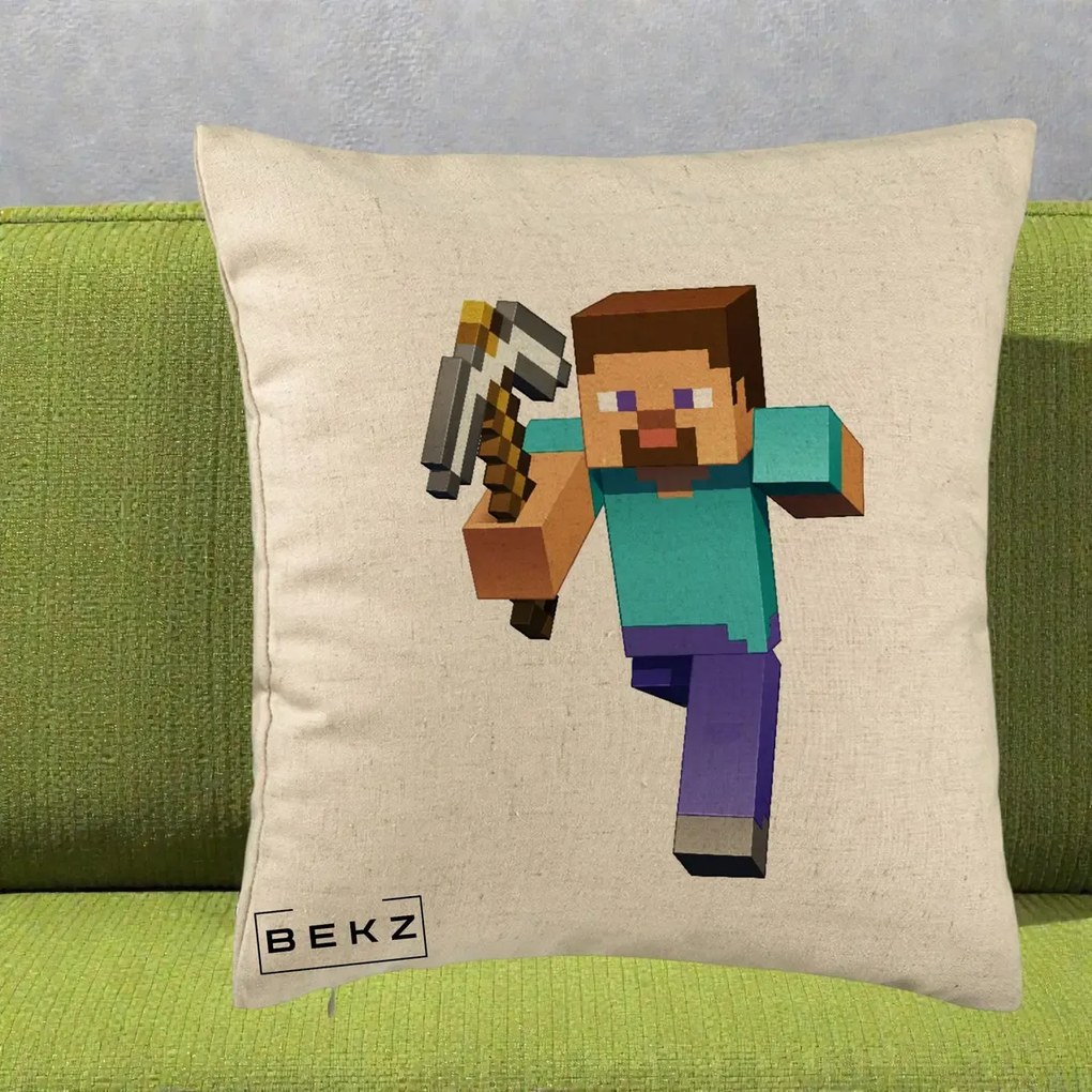 Perna Personalizata Minecraft Steve, 40x40 cm, Bej, Husa Detasabila, Perna Inclusa, BEKZ®