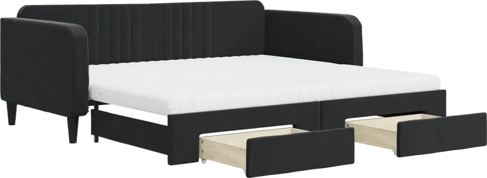 vidaXL Pat de zi cu extensie și sertare, negru, 100x200 cm, catifea
