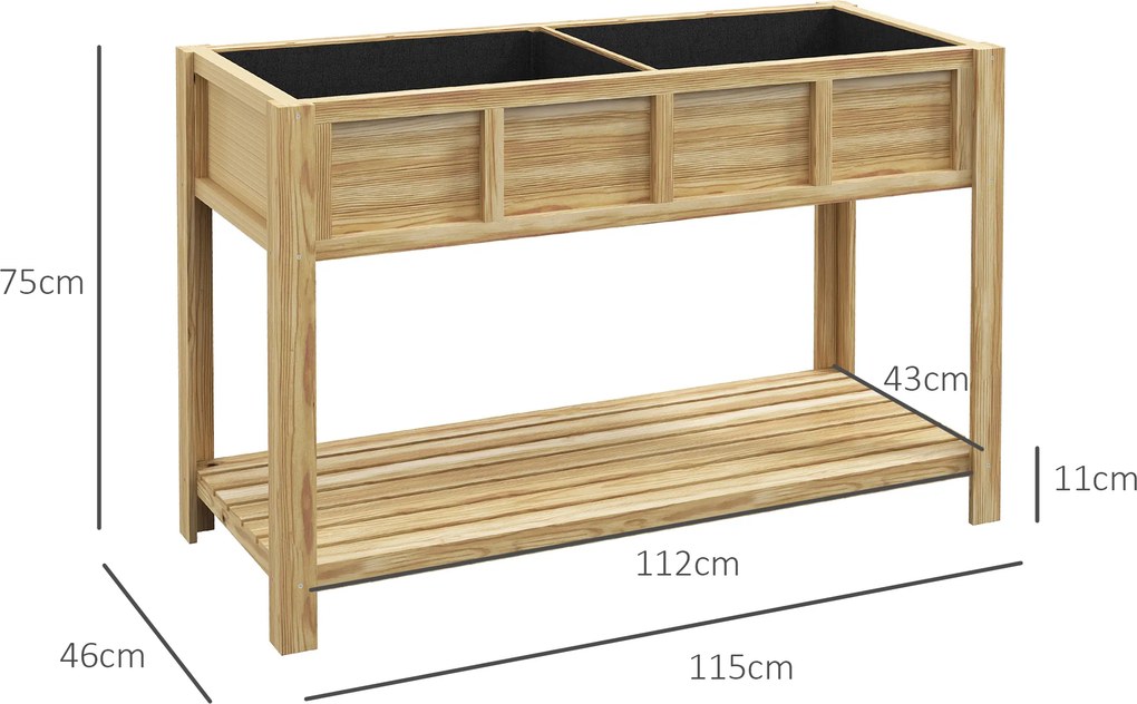 Outsunny Jardinieră pe picioare cu separator detașabil, raft, inserturi pentru irigare, material geotextil de drenaj 115L x 46l x 75Î cm | Aosom Romania