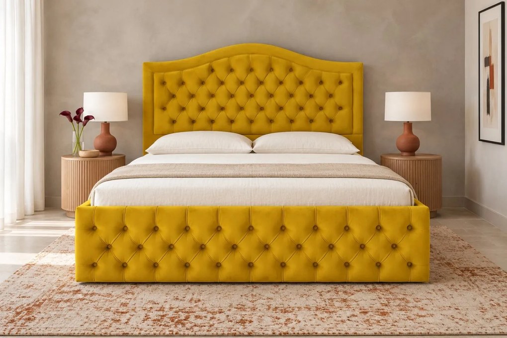 Pat tapițat Chesterfield din catifea Solaria Deluxe 140×200 cm, galben muștar, cu ladă de depozitare