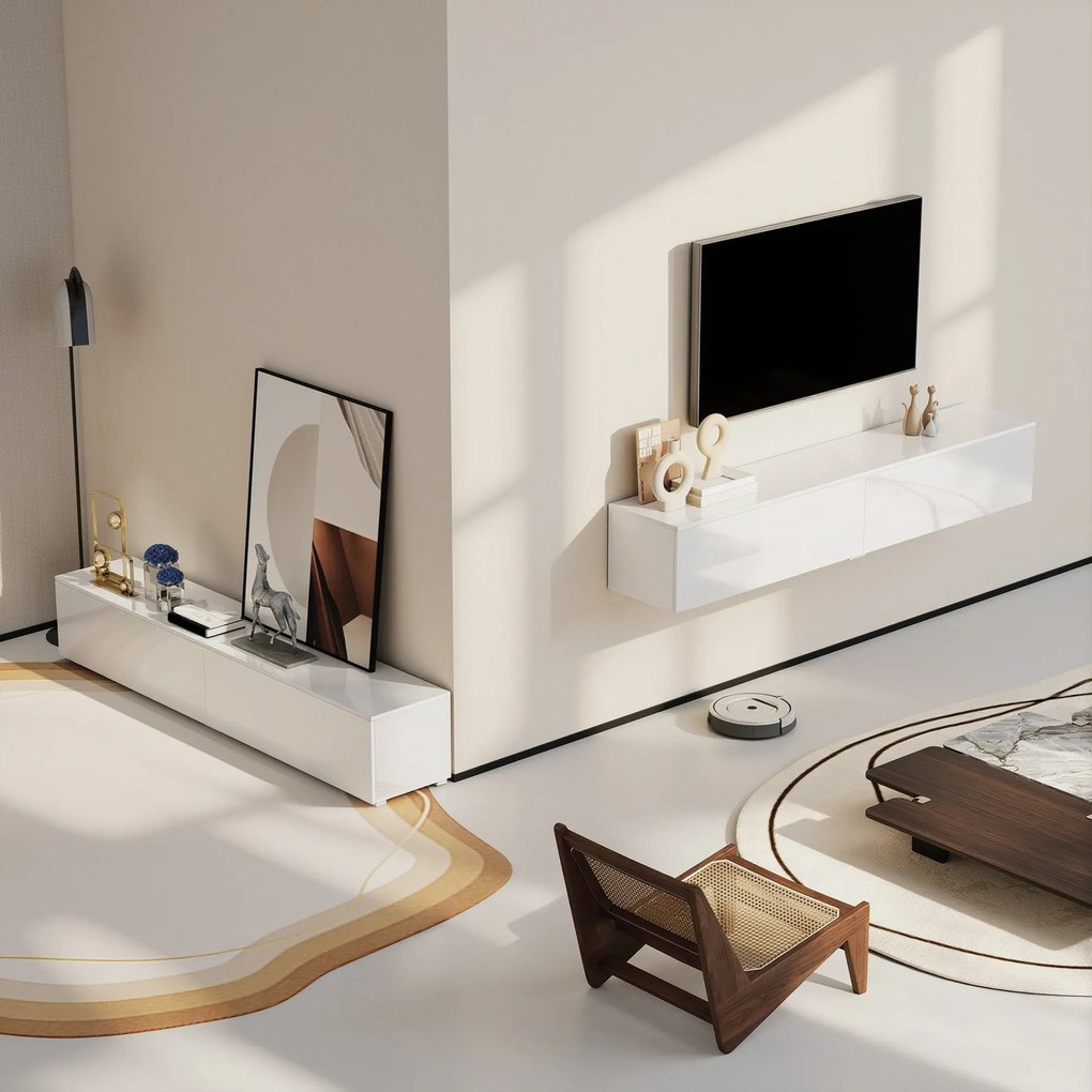 HOMCOM Dulap TV Suspendat 180 cm pentru TV până la 75 Inch, Dulap Modern pentru Living cu Uși cu Deschidere prin Apăsare și Orificii pentru Cabluri, Consolă Multimedia Montată pe Perete, Alb Lucios | Aosom Romania