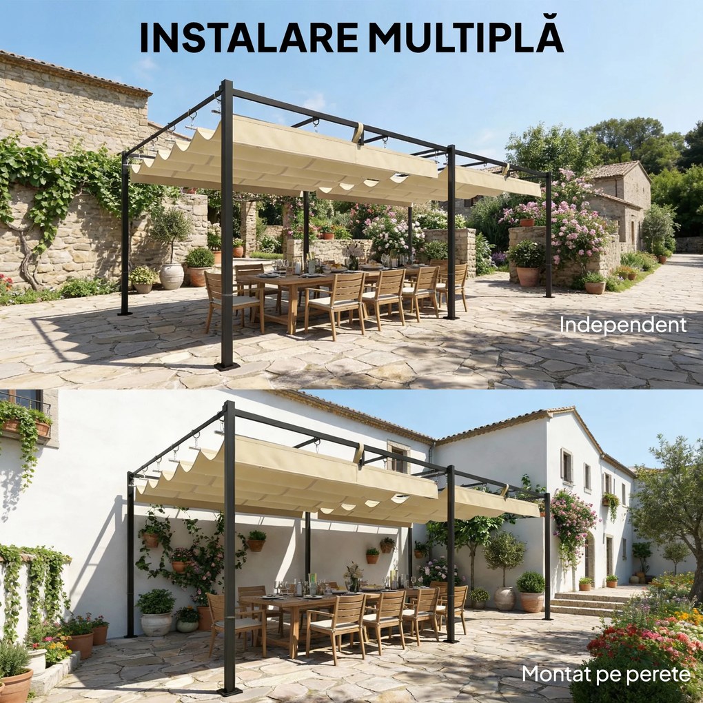 Outsunny Pergolă Gazebo 5.7x2.95 m, Pergolă de Grădină cu Acoperiș Retractabil și Glisant, Găuri de Drenaj, din Poliester și Metal, Pergolă pentru Exterior, Terasă, UV50+, Bej | Aosom Romania