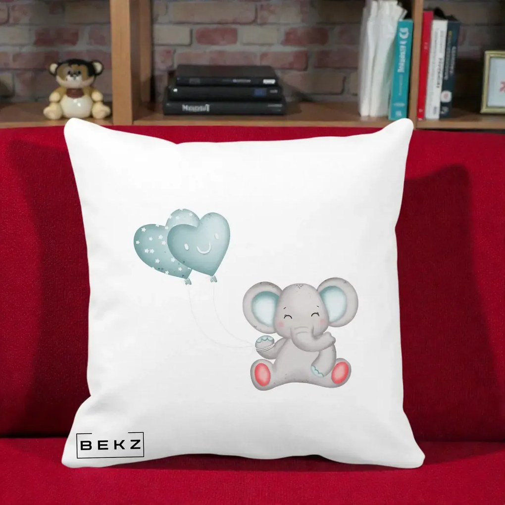 Perna Decorativa Elefant si baloane in forma de inimioare, 40x40 cm, Alba Mata, Husa Detasabila, Perna Inclusa, BEKZ®