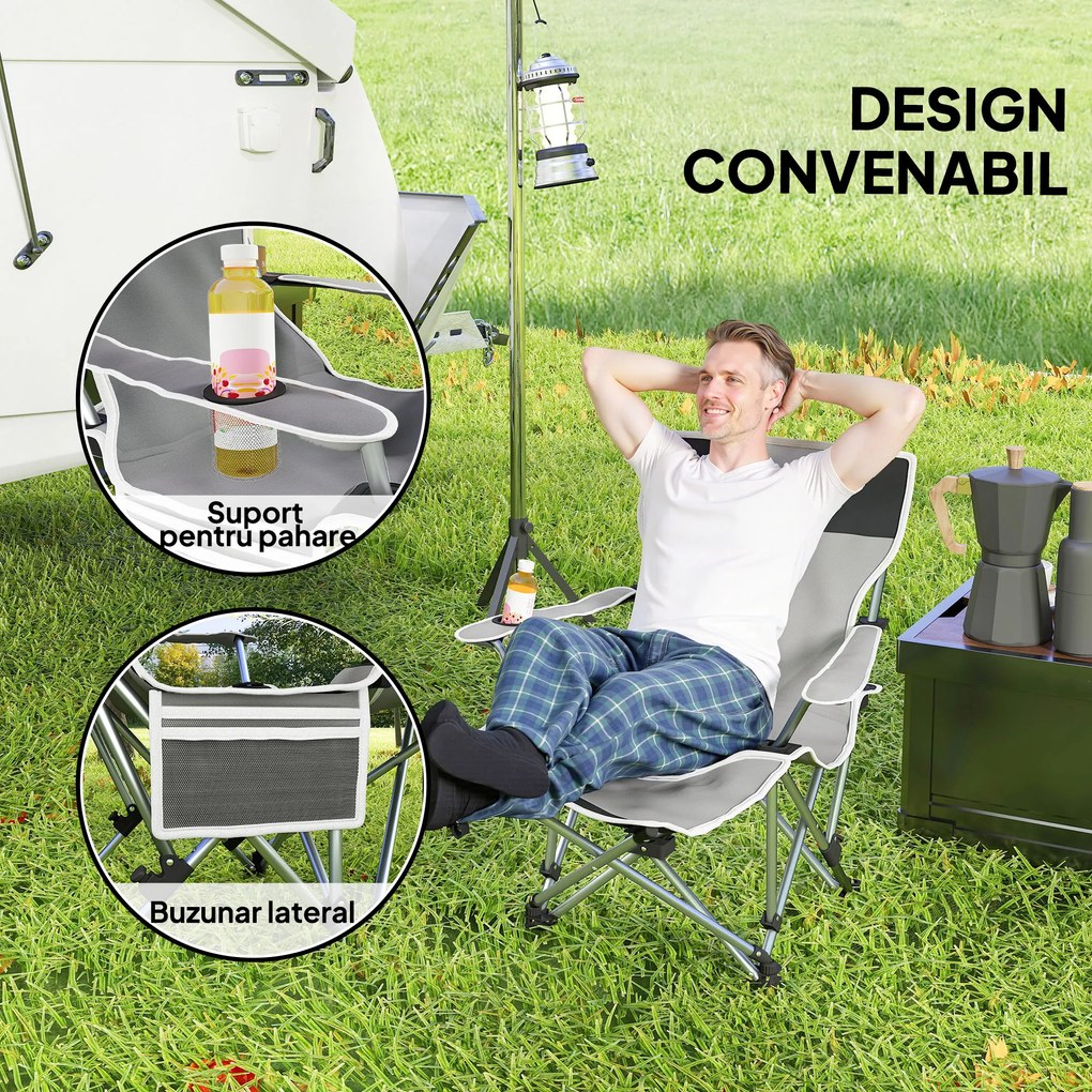 Outsunny Scaun de Camping Pliabil și Rabatabil cu Suport pentru Picioare Detașabil și Tetieră, 82x50/100x88 cm, Negru | Aosom Romania