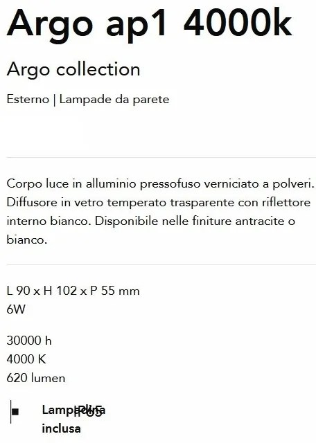 Aplica LED de perete exterior ambientala Ip65 Argo ap1 4000k antracit