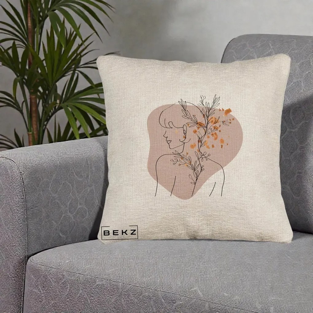 Perna Decorativa Femeie cu Flori Line Art Boho, 40x40 cm, Bej Canapea, Husa Detasabila, Perna Inclusa, BEKZ®