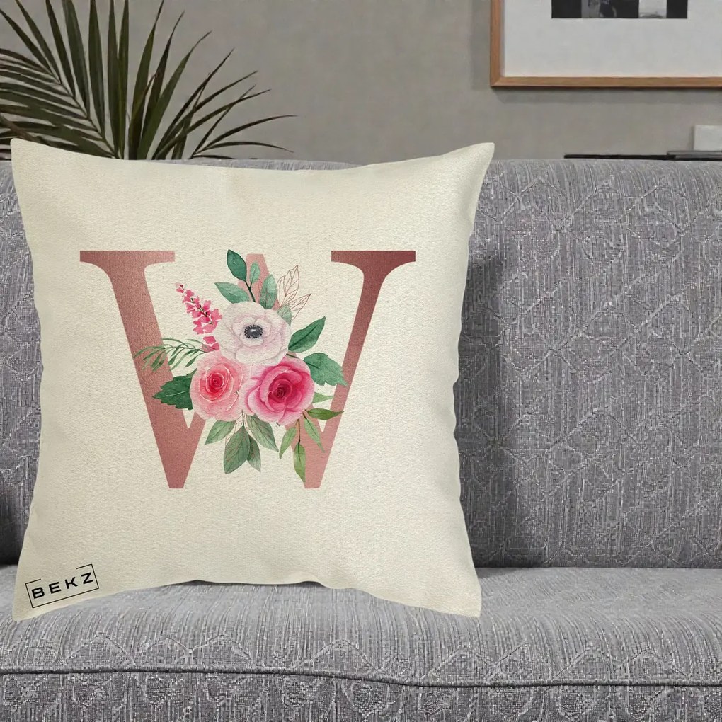 Cadou Personalizat - Perna Personalizata Monograma Rose Gold Litera W cu Trandafiri si Anemona, 40x40 cm, Ecru, Husa Detasabila, Perna Inclusa, BEKZ®