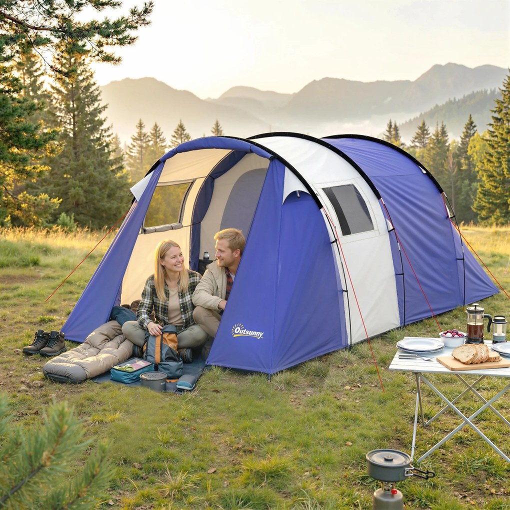 Outsunny Cort de camping pentru 4 persoane, 2 camere, impermeabil 3000mm, cu podea și sac, 420x300x200cm, Albastru închis | Aosom Romania