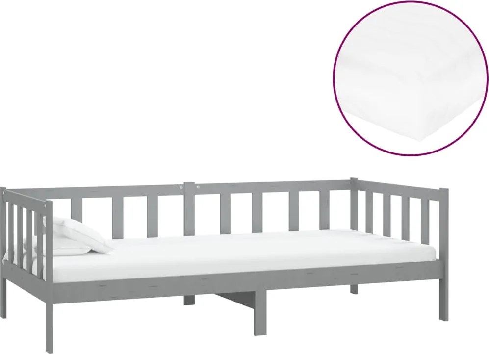 vidaXL Pat de zi cu saltea, gri, 90x200 cm, lemn masiv de pin