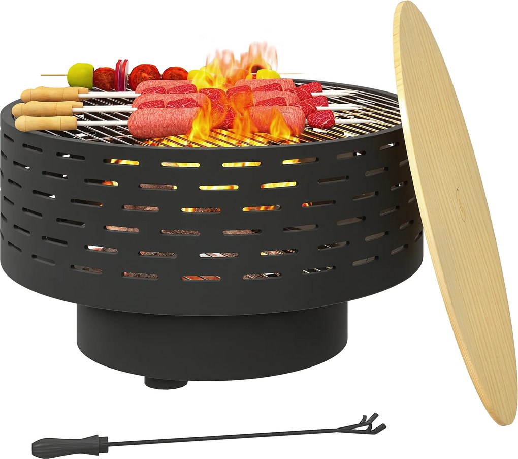 Outsunny 3-în-1 cuvă de foc Ø60 x 39cm din oțel inoxidabil vatră cu grătar protecție la scântei cârlig gri cărbune | Aosom Romania