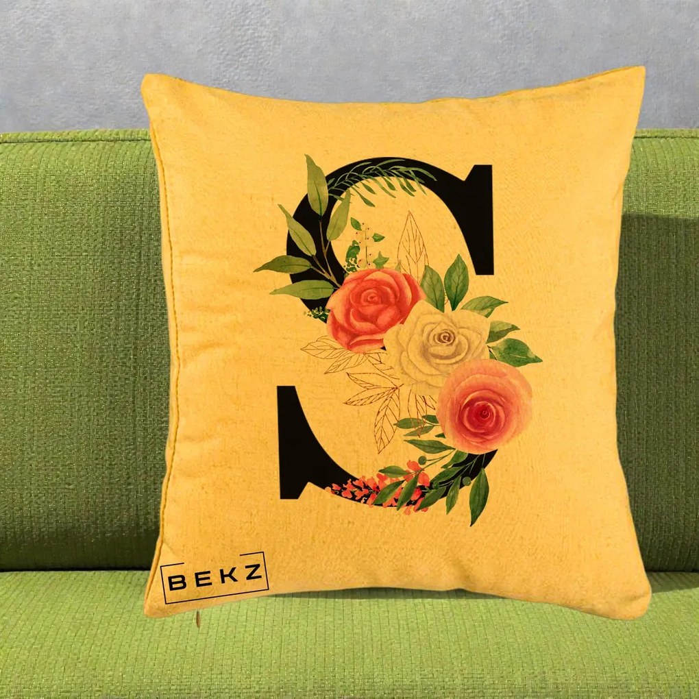 Cadou Personalizat - Perna Personalizata Monograma Florala Litera S, 40x40 cm, Galben, Husa Detasabila, Perna Inclusa, BEKZ®