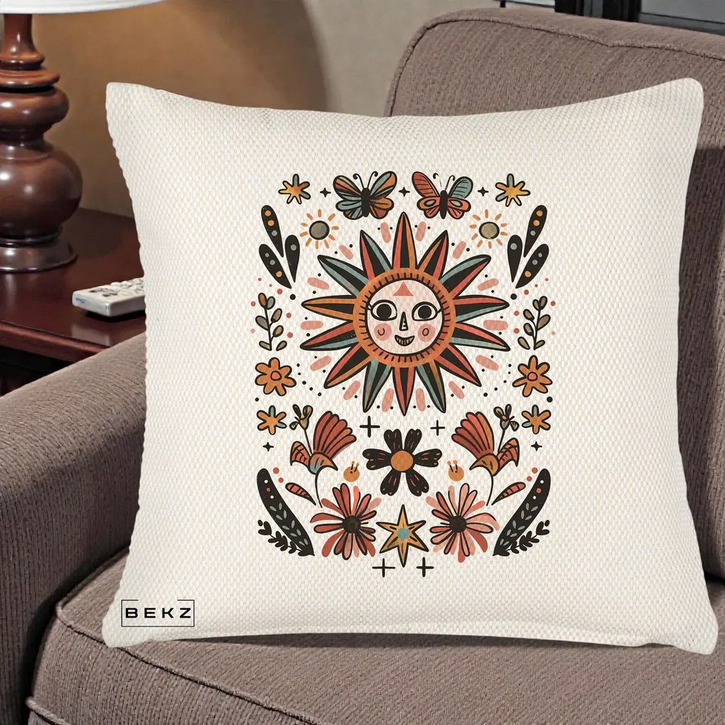 Perna Decorativa Soare Boho Folk Fluturi, 40x40 cm, Crem Reliefat, Husa Detasabila, Perna Inclusa, BEKZ®
