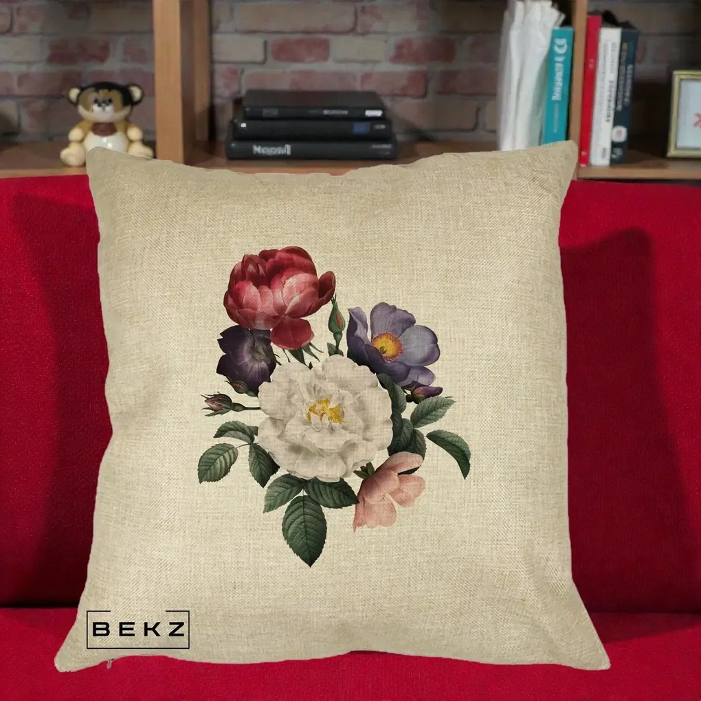 Perna Decorativa Buchet Trandafiri Bujori Botanical, 40x40 cm, Crem, Husa Detasabila, Perna Inclusa, BEKZ®