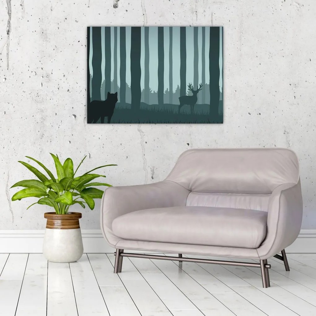 Tablou pe sticlă - Cerb cu lup pe stânci (70x50 cm)