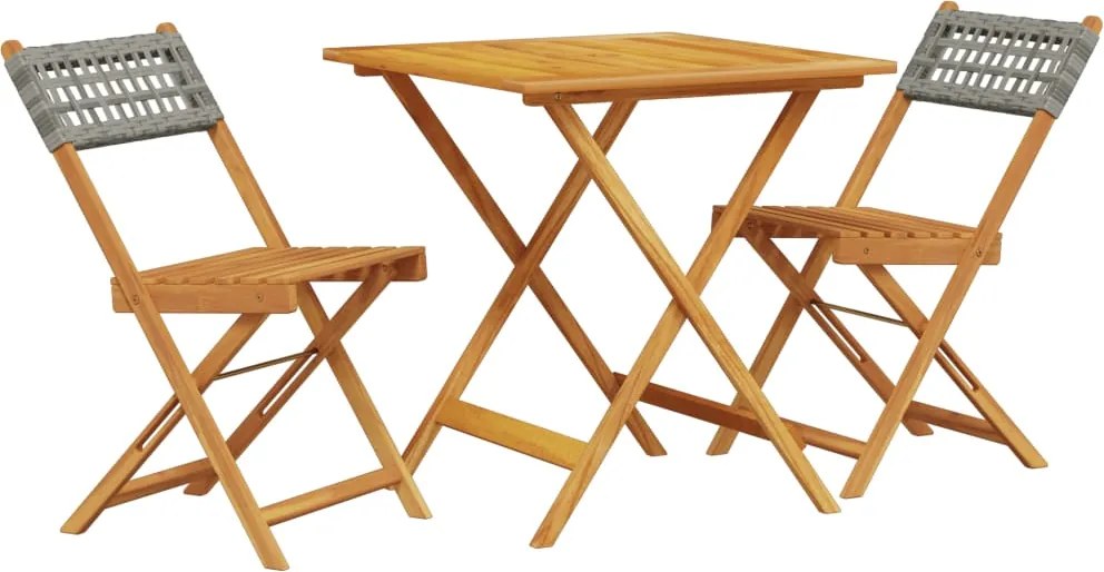 vidaXL Set bistro de grădină, 3 piese, gri, poliratan și lemn masiv